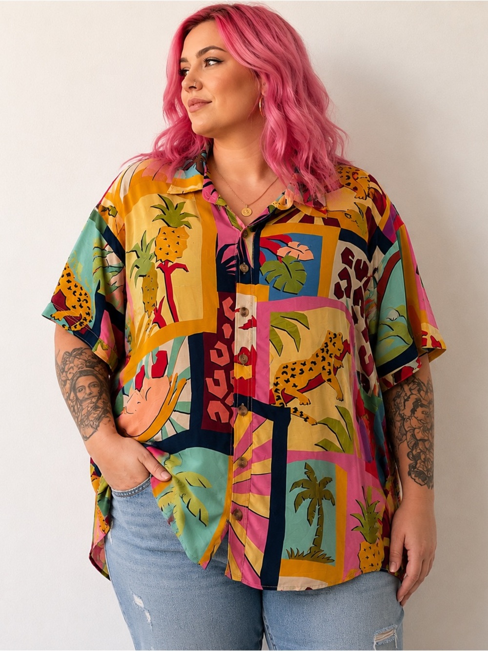 FARM Rio Vibrant Multicolor Tropical Patchwork Button-Down